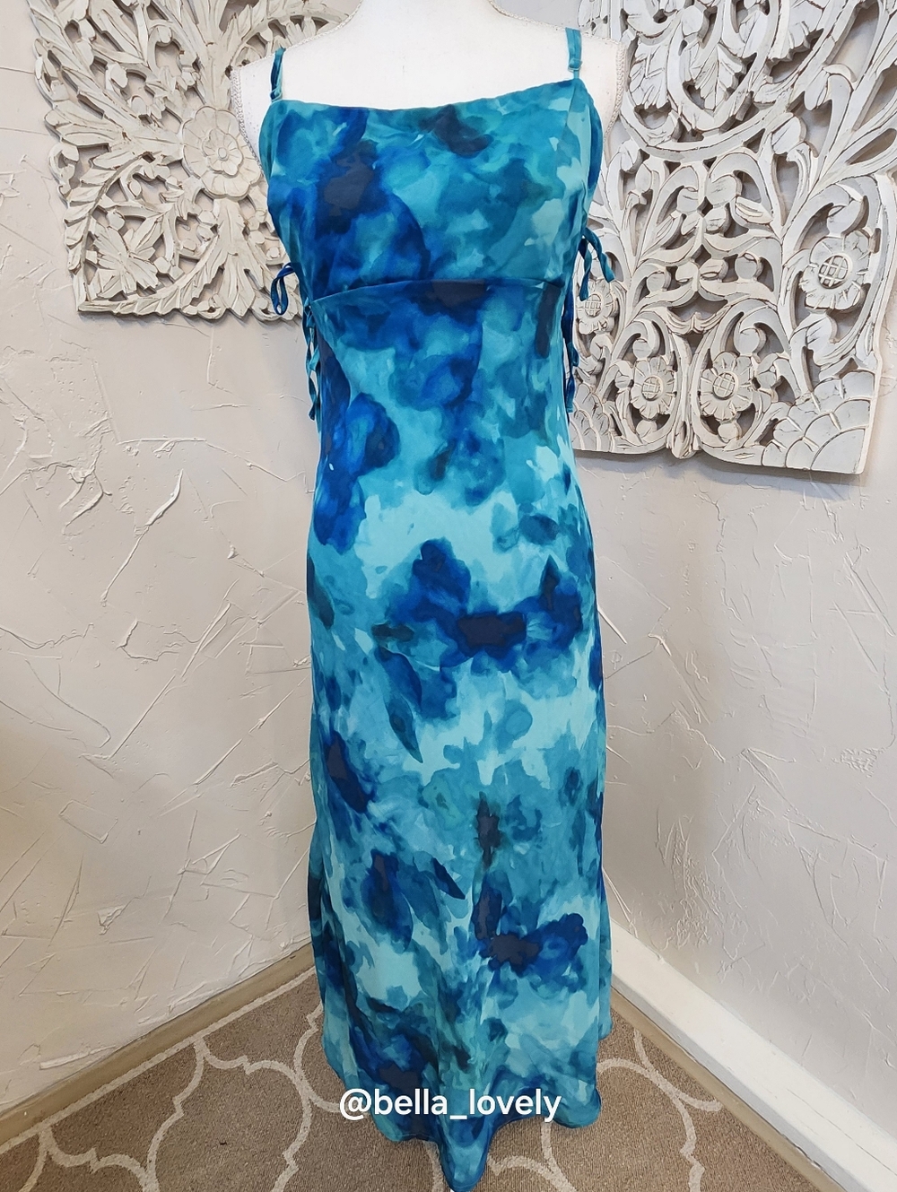 Stunning Vacation Spring Blue Watercolor Maxi Slip Dress Open Tied Sides